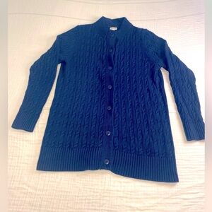 LL Bean Double Cable Knit Button Up Cardigan Sweater Size Large Navy Blue